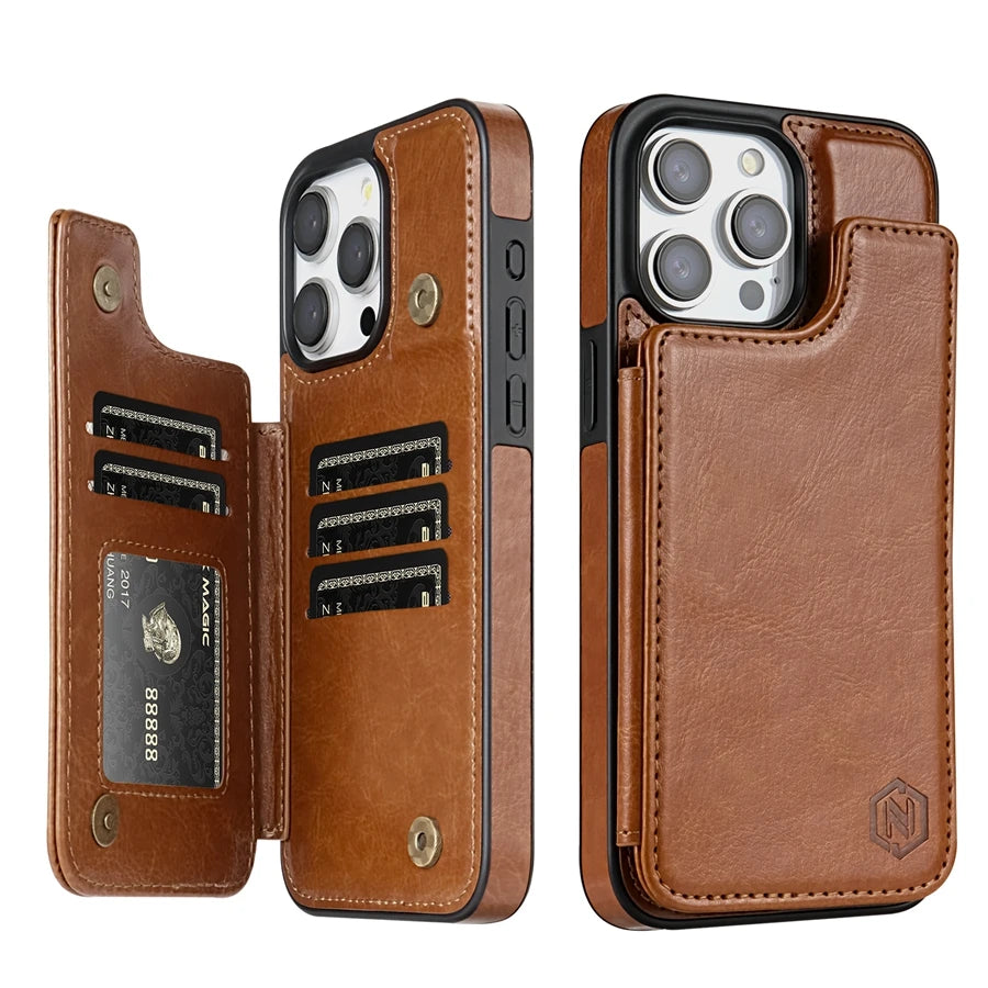 Wallet Solid Color Magnetic Double Buckle RFID Blocking Card Leather Case For iPhone 15 Pro Max 14 Plus 13 12 11 XR XS SE 2 8 7