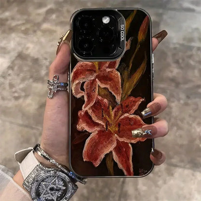 Oil Painting Lily Flower Retro Pattern Phone Case For iPhone 16 15 14 Pro Max 16E 13 12 11 XS X XR 7 8 Plus Shockproof Cover