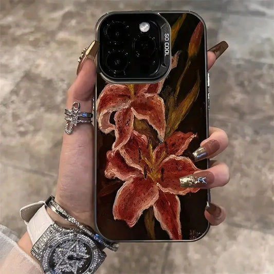 Oil Painting Lily Flower Retro Pattern Phone Case For iPhone 16 15 14 Pro Max 16E 13 12 11 XS X XR 7 8 Plus Shockproof Cover