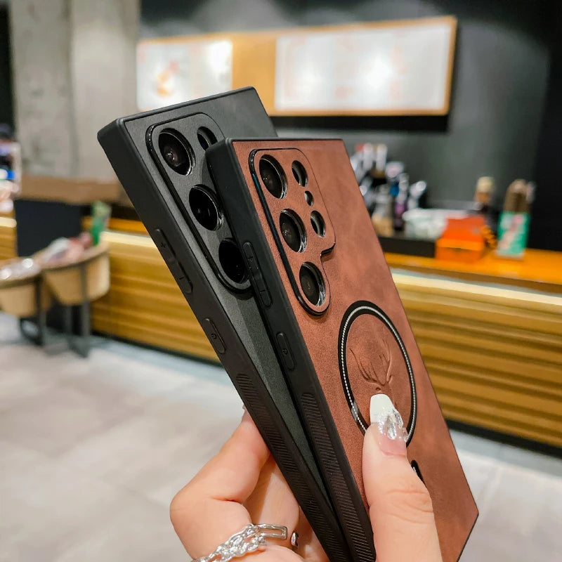 Luxury Leather For Magsafe Magnetic Wireless Charging Phone Case For Samsung S24 Ultra S23 S22 S21 S25 Note 20 Ultra Plus Cover