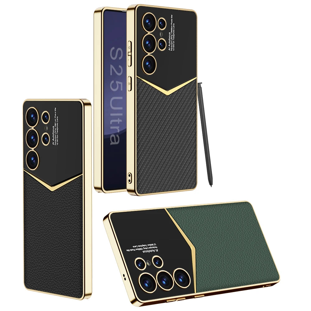 Luxury Leather Plating Frame S24Ultra S25Ultra Case For Samsung Galaxy S23 S24 S25 Ultra Soft Edge Shockproof Protection Cover
