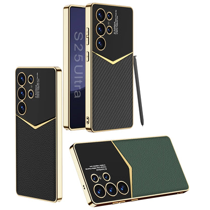 Luxury Leather Plating Frame S24Ultra S25Ultra Case For Samsung Galaxy S23 S24 S25 Ultra Soft Edge Shockproof Protection Cover