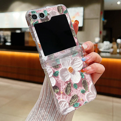 Oil Painting Flower Clear Case For Samsung Galaxy Z Flip 7 6 5 4 3 5G Folding Hard Phone Cover For Samsung Z Flip5 Flip4 Flip3