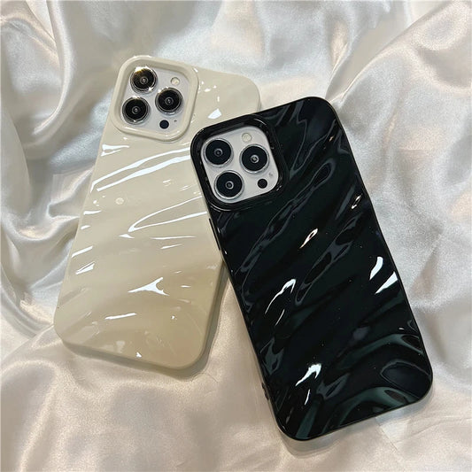 Luxury 3D Wavy Pattern Phone Case For iPhone 16 15 14 13 12 Pro Max Plus Solid Color Glossy Soft Silicone Case Phone Accessories