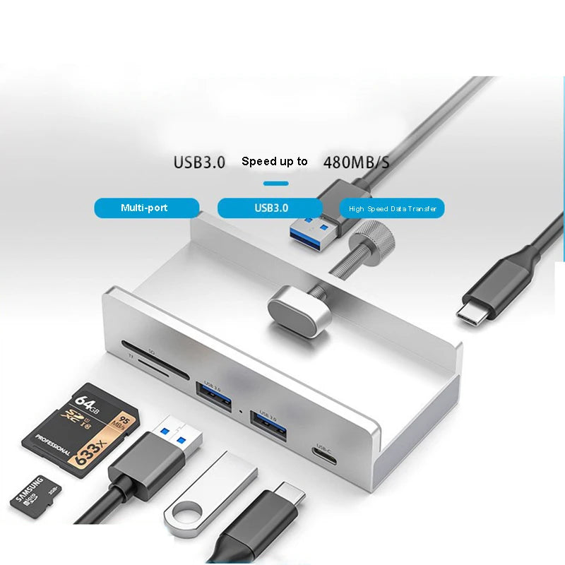 Aluminum Type C 4 Port USB 3.0 HUB Phone Holder SD TF USB Memory Card Reader DC Power Adapter Splitter Multiple Extend Dock