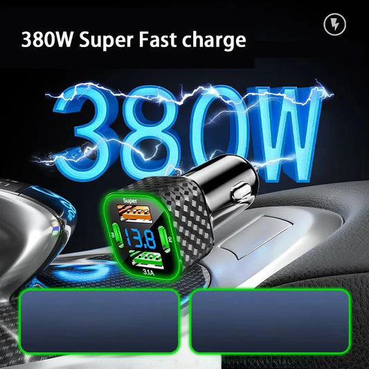 New 380W USB C Car Phone Charger Dual PD 4 in 1 with Voltage Display Super Fast Charge Adapter for iPhone Oppo Vivo Samsung