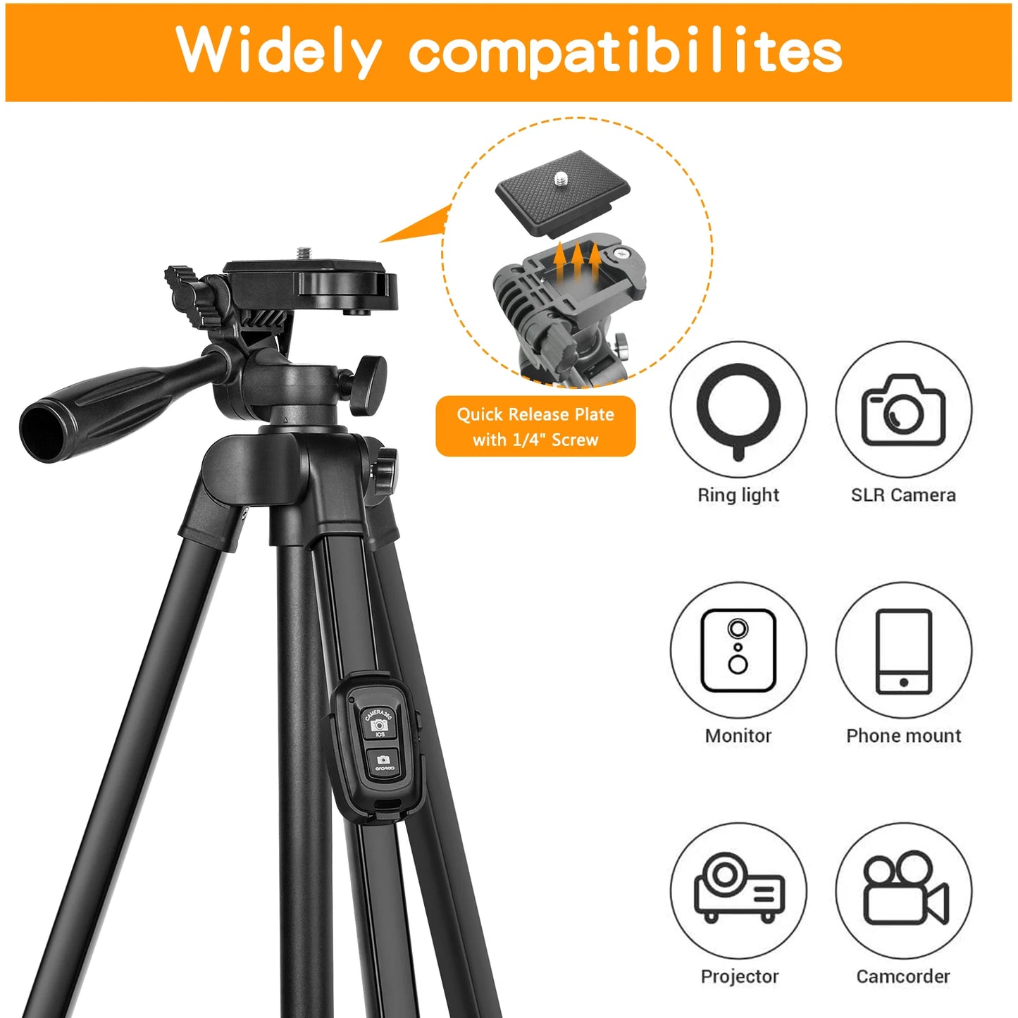 Tripod,60" Camera Tripod with Travel Bag,Cell Phone Tripod with Remote,Professional Aluminum Portable Tripod Stand