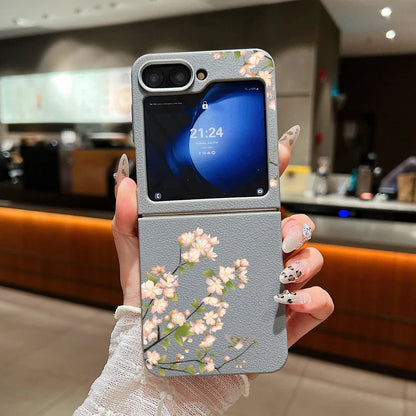 For Samsung Galaxy Z Flip 7 5 4 3 6 5G Small Flowers Folding Phone Case Leather Texture TPU Soft Cover For Samsung Z Flip3 Flip4