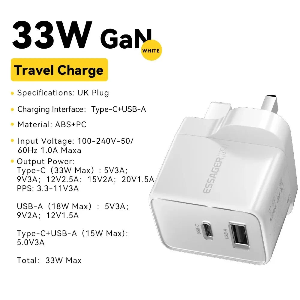 Essager GaN 33W USB Charger Fast Charger PD QC 3.0 USB C Charger Quick Charger For iPhone 14 13 Travel Charger for Samsung S21
