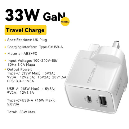 Essager GaN 33W USB Charger Fast Charger PD QC 3.0 USB C Charger Quick Charger For iPhone 14 13 Travel Charger for Samsung S21