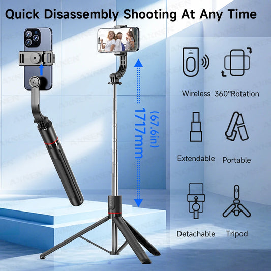F15 Selfie Stick Tripod with Bluetooth Remote, 6-Section Extendable Pole, 360° Rotation, Fill Light Option, for Phone Vlog