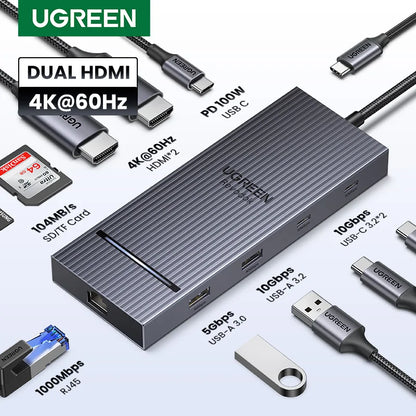 UGREEN USB C HUB 10-in-1 4K60Hz HDMI USB3.2 10Gbps PD100W RJ45 SDTF USB Splitter for Laptop Macbook Pro Air iPad Docking Station