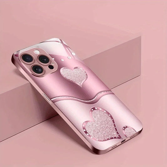 Cute Love Heart Pattern Pink Metallic Paint Glass Hard Phone Case For iPhone 17 Air 17 16 15 14 13 12 11 Pro Max Plus 16E Cover