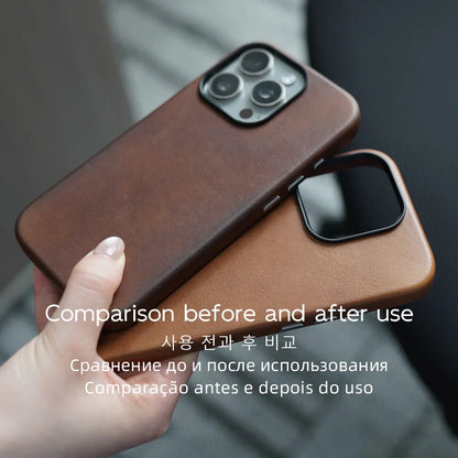 YMW Magnetic Genuine Leather Case for iPhone 17 16 Pro Max 15 14 Personality Horsehide Magnetic Phone Cover