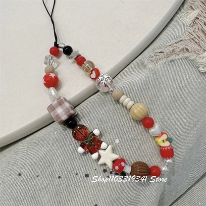 Cute Christmas Cookie Man Beaded Phone Charm Chain For Phone Case Phone Straps Accessories Anti-Lost Keychain Lanyard Girl Gift