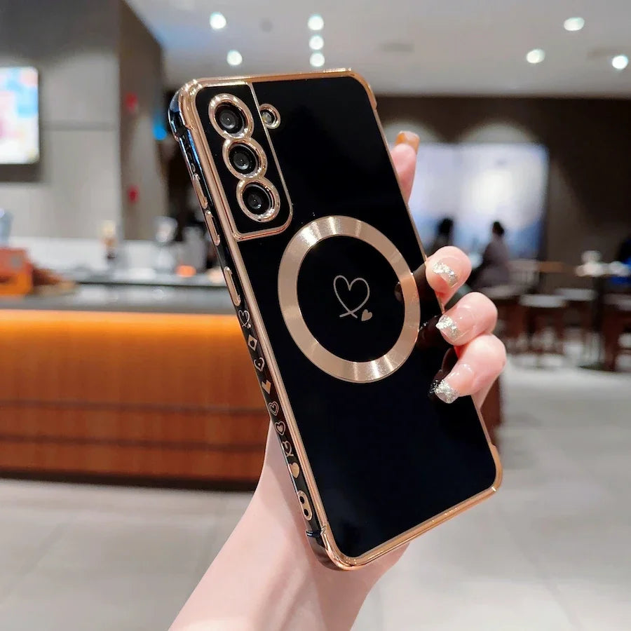 For Magsafe Case for Samsung Galaxy S23 Ultra S22 S21 Plus S24 Ultra S22Plus S20 S21 FE Electroplate Love Pattern Protect Covers