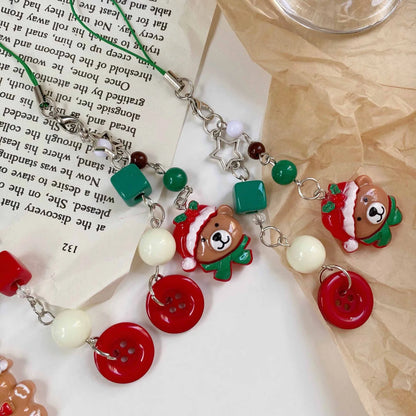 Christmas Phone Lanyard Gingerbread Man and Bear Pendant Christmas Tree Holiday Gifts Animal Beaded Phone Chain Keychain