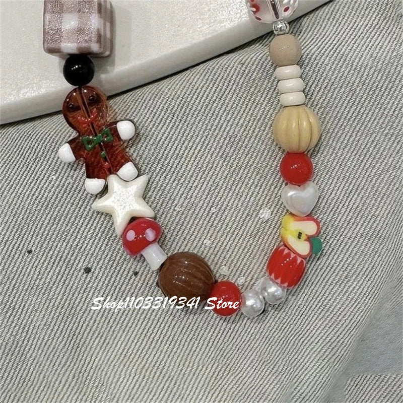 Cute Christmas Cookie Man Beaded Phone Charm Chain For Phone Case Phone Straps Accessories Anti-Lost Keychain Lanyard Girl Gift