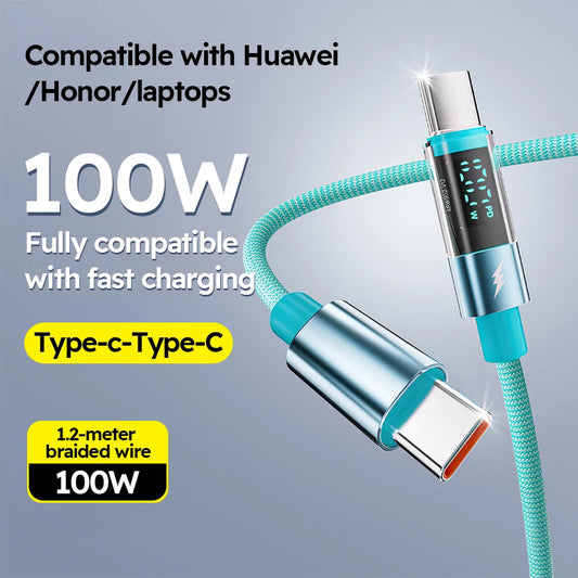 Type C To Type C 5A 100W Fast Charging Cable LED Digital Display Charge Data Cord for Samsung IPhone 16 15 14 Pro Max MacBook