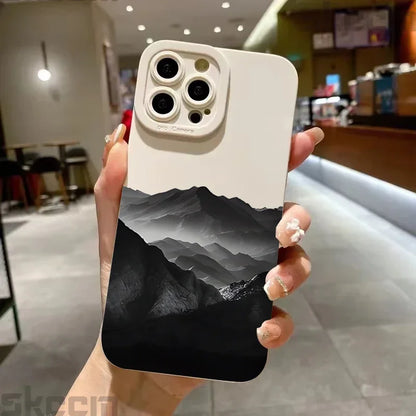 Black Mountain Peak Pattern Phone Case For iPhone 16 15 14 Pro Max 11 12 13 Mini XS XR X 8 7 Plus Shockproof Soft Silicone Cover