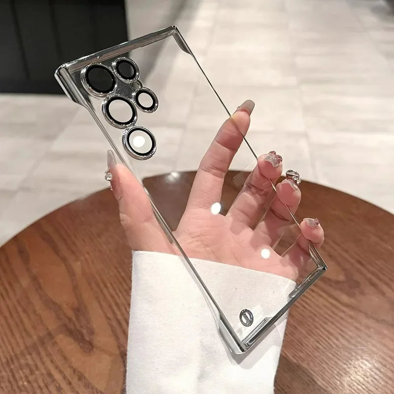 Luxury Plating Frameless Case For Samsung Galaxy S24 S25 Ultra S23 S22 Transparent Camera Lens Protection Shockproof Hard Cover
