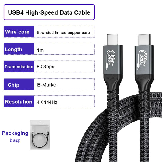 USB 4 Cable 80Gbps 240W 4K 144Hz Type C Fast Charging Thunderbolt 3 / 4 USB 4.0 USB C to C Data Transfer Cable For laptop