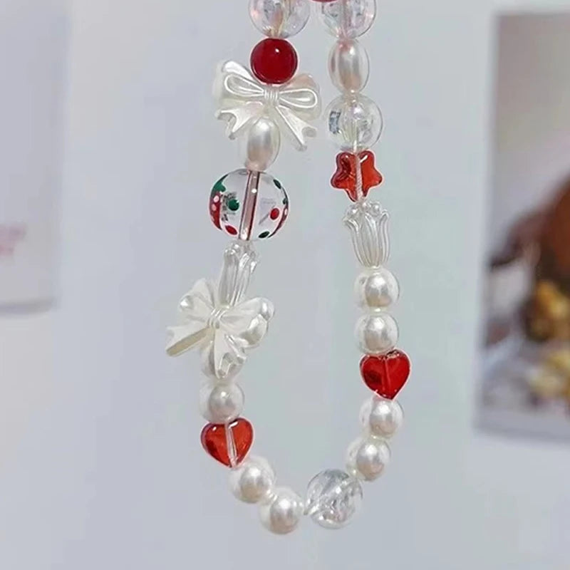 Cute Cherry Bow Pearl Beads for Girls, Phone Charm Strap, Lanyard for Keys, Decoration for iPhone, Christmas Gift