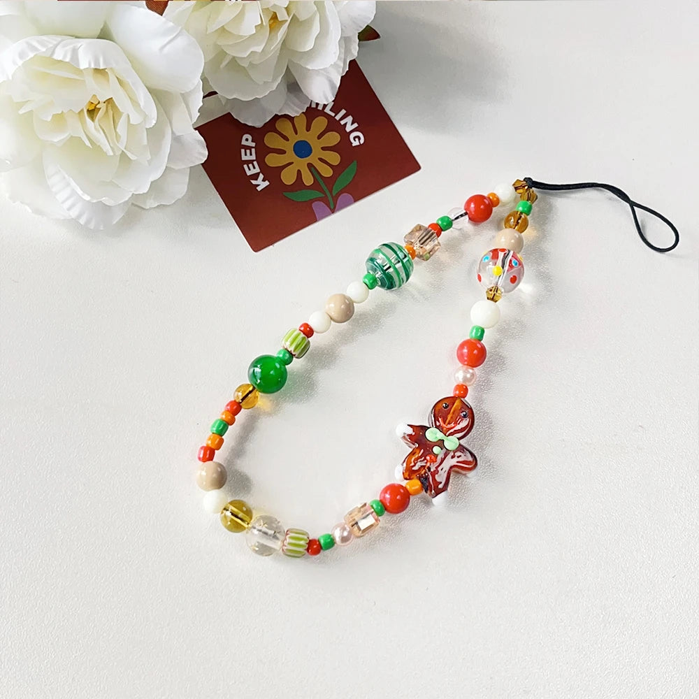 Korean 3D Cute Cartoon christmas  ornaments Gingerbread man Beaded Phone Chain Lanyard Charm Keychain For iPhone Anti-Lost Chain