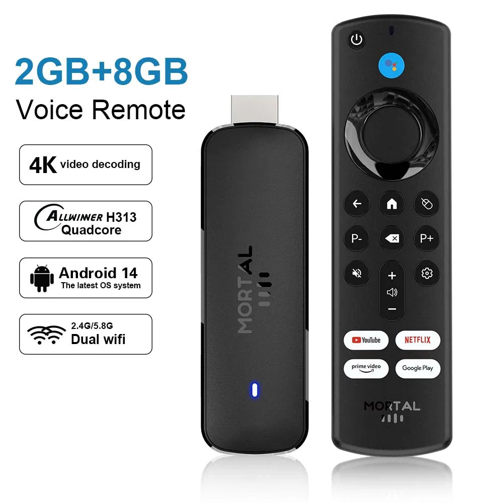Android14 TV Stick  Mortal Q8 Global Version  Allwinner H313 Chip Wifi6 Voice Remote 8K 4K@60fps YouTube Stream TV stick 2G8G16G