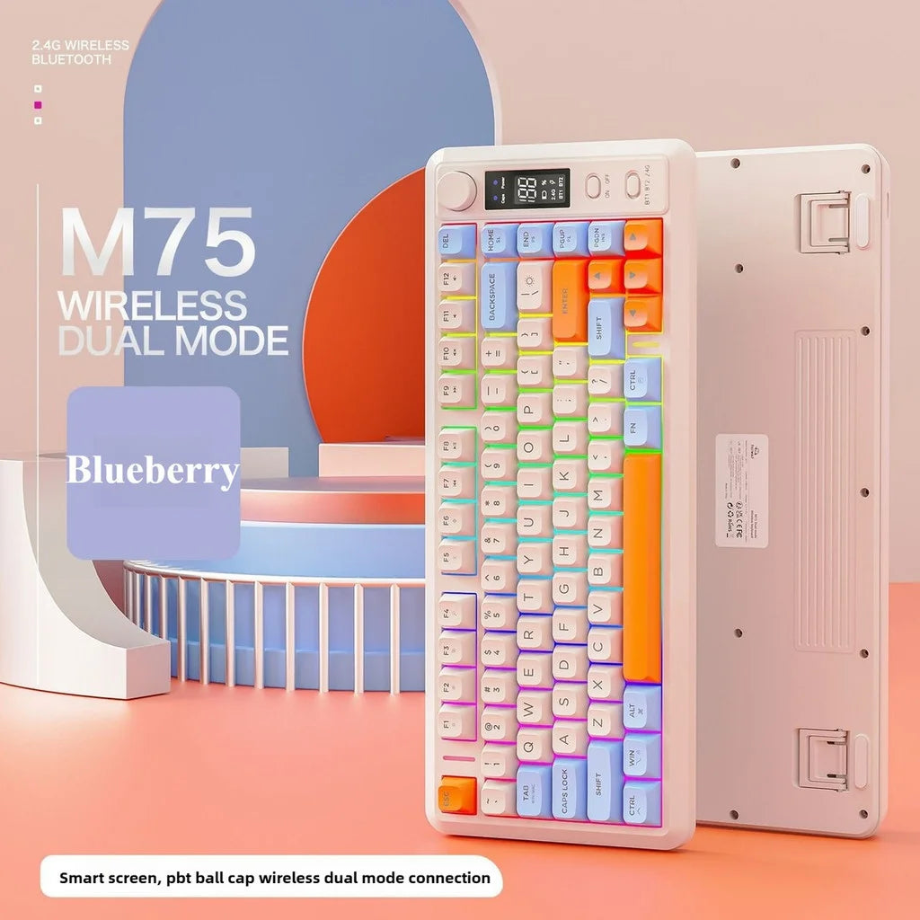 FREE WOLF M75 82-Key Compact Wireless Gaming Keyboard - Dual Mode (Bluetooth/2.4G) RGB Backlit OLED Display Large Battery