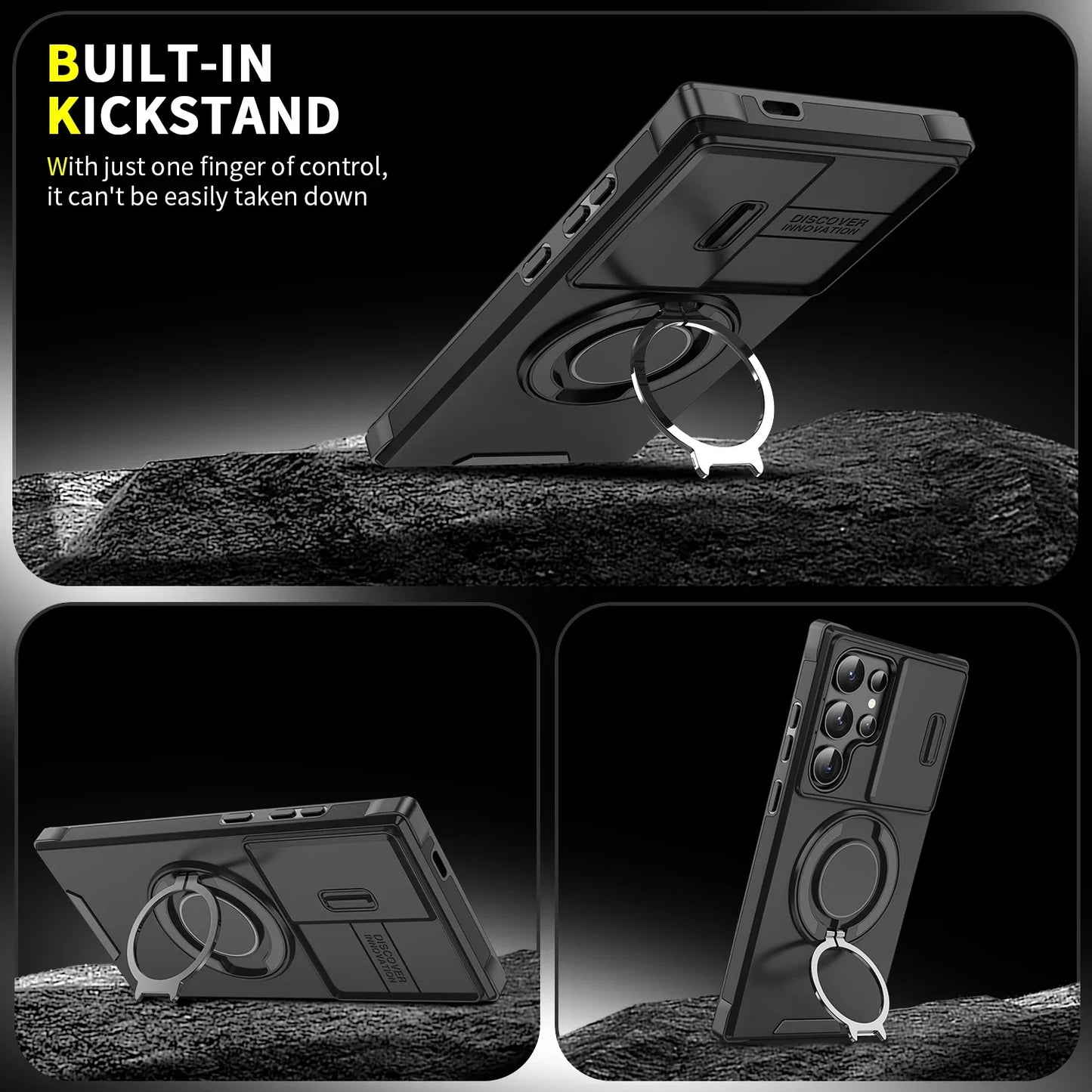 Armor Magnetic Bracket Case For Samsung Galaxy S25 S24 S23 S22 S21 Ultra Plus With Lanyard Slide Camera Protect Shockproof Cover