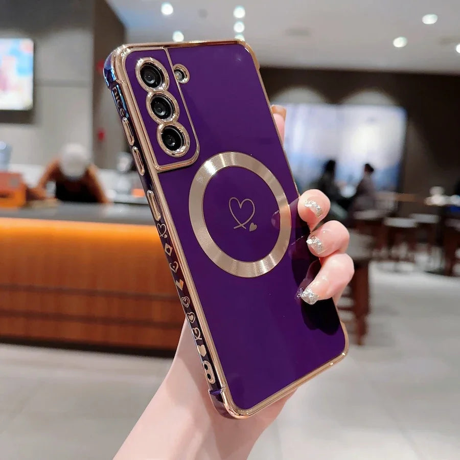 For Magsafe Case for Samsung Galaxy S23 Ultra S22 S21 Plus S24 Ultra S22Plus S20 S21 FE Electroplate Love Pattern Protect Covers