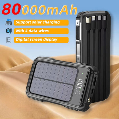 80000mAh Large Capacity Portable Outdoor Solar Mobile Power 4 in 1 Built in Cables LED Digital Display For iPhone Samsung Xiaomi
