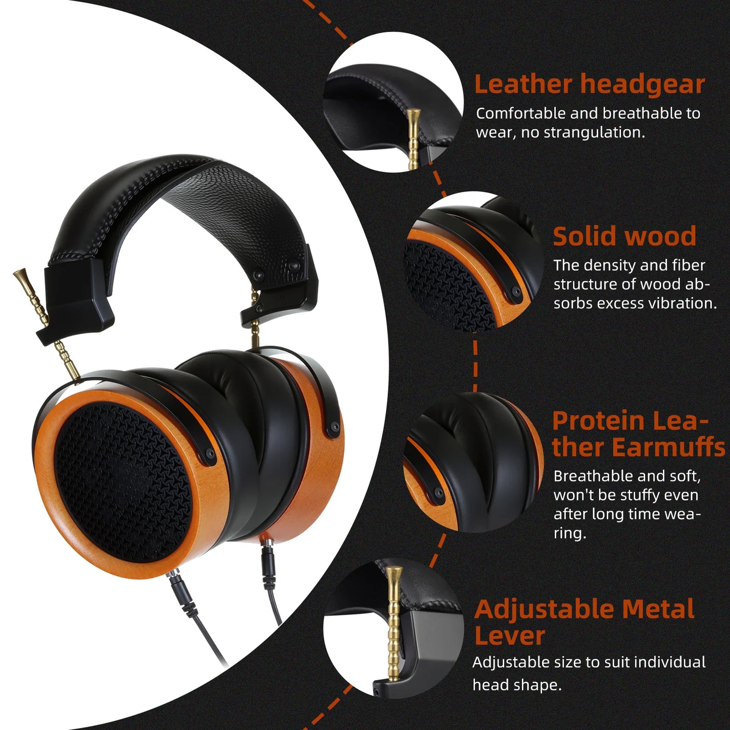 Hellodigi HD11 Headsets 53MM Speaker Open-Back HIFI Wooden Headphones With Dual 3.5mm Detachable Cable Retro-Vintage Style