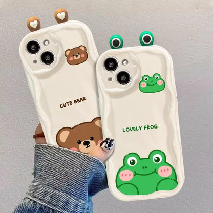 3D Cat Ears Frog Eyes Cute Shy Animal Case for Samsung Galaxy S25 Plus S23 S24 Ultra FE A56 A16 A36 A55 A35 A54 A53 A15 A26 5G