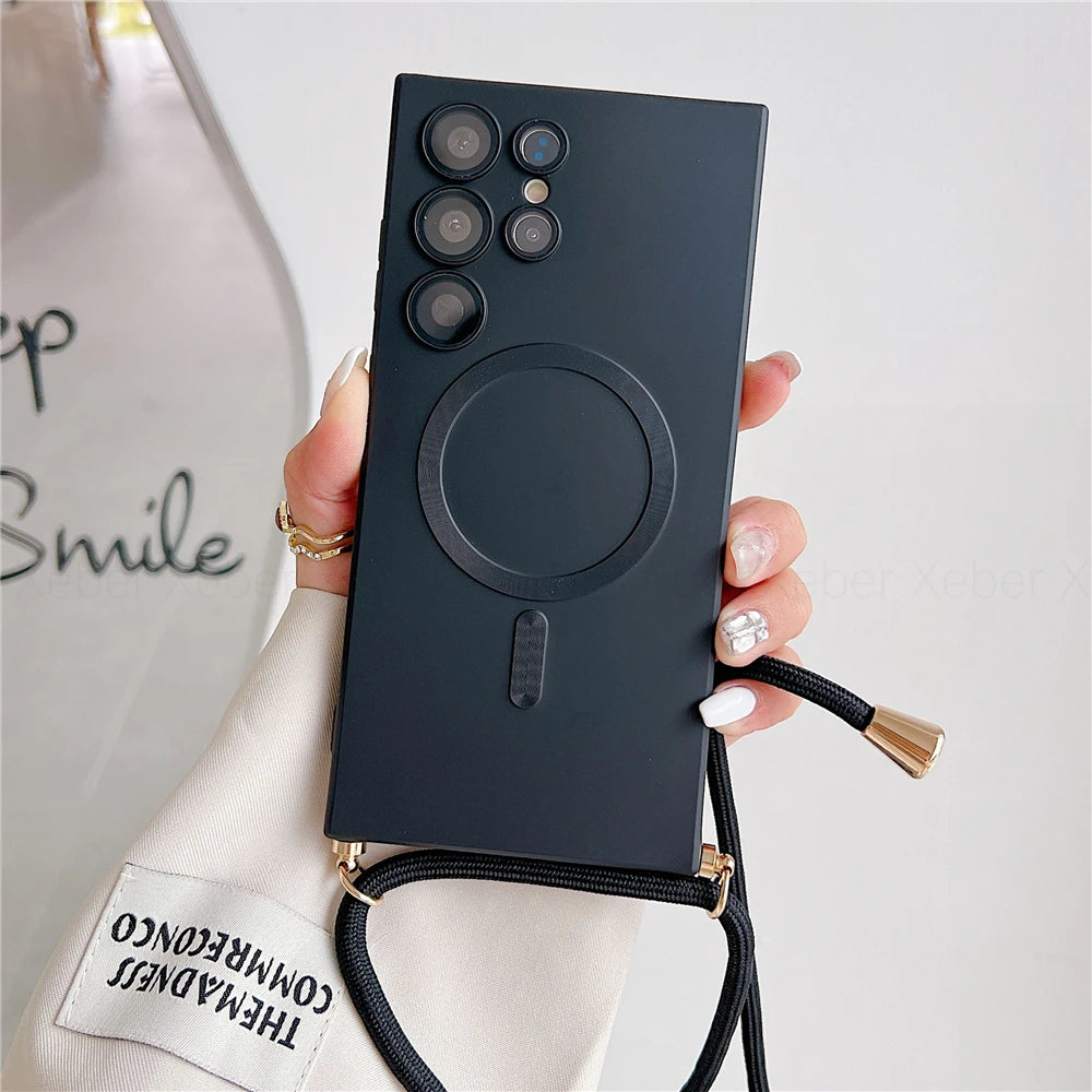 Lanyard Crossbody Necklace Magnetic Charge Case For Samsung S25 S24 S23 Ultra S22 S21 Plus S20FE Note 20 Matte Cover For Magsafe