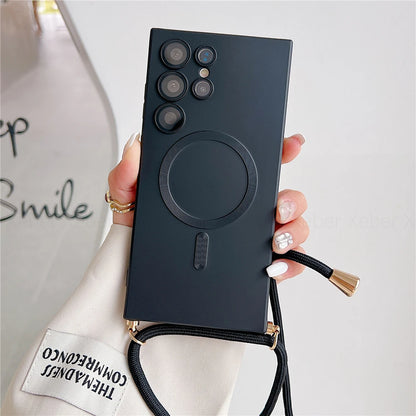 Lanyard Crossbody Necklace Magnetic Charge Case For Samsung S25 S24 S23 Ultra S22 S21 Plus S20FE Note 20 Matte Cover For Magsafe