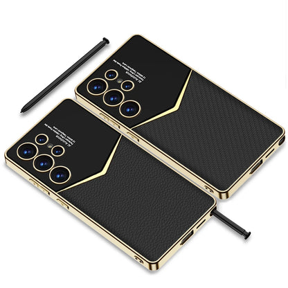 Luxury Leather Plating Frame S24Ultra S25Ultra Case For Samsung Galaxy S23 S24 S25 Ultra Soft Edge Shockproof Protection Cover