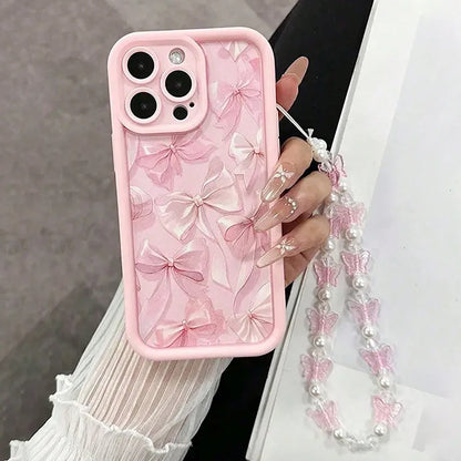 Pink Bow Pattern Silicone Phone Case For iPhone 16 Pro Max 15 14 13 12 11 Pro Max 16E X XS XR 7 8 Plus Butterfly Charm Cover