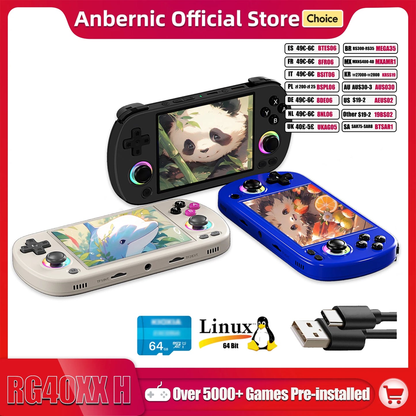 ANBERNIC RG40XX H Handheld Game Console 4.0-in 640*480 IPS Screen 3200mAh 64 Bit System With RGB Light Built in 5K+Games RG40XXH