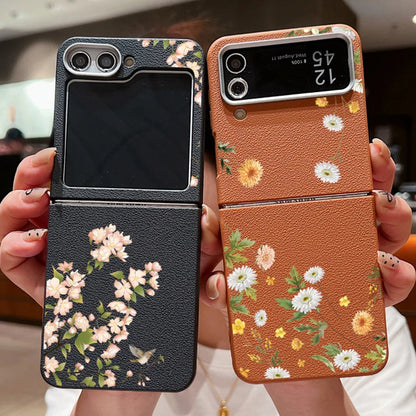 For Samsung Galaxy Z Flip 7 5 4 3 6 5G Small Flowers Folding Phone Case Leather Texture TPU Soft Cover For Samsung Z Flip3 Flip4