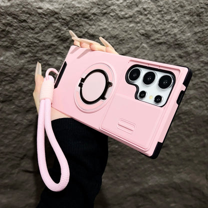 Armor Magnetic Bracket Case For Samsung Galaxy S25 S24 S23 S22 S21 Ultra Plus With Lanyard Slide Camera Protect Shockproof Cover