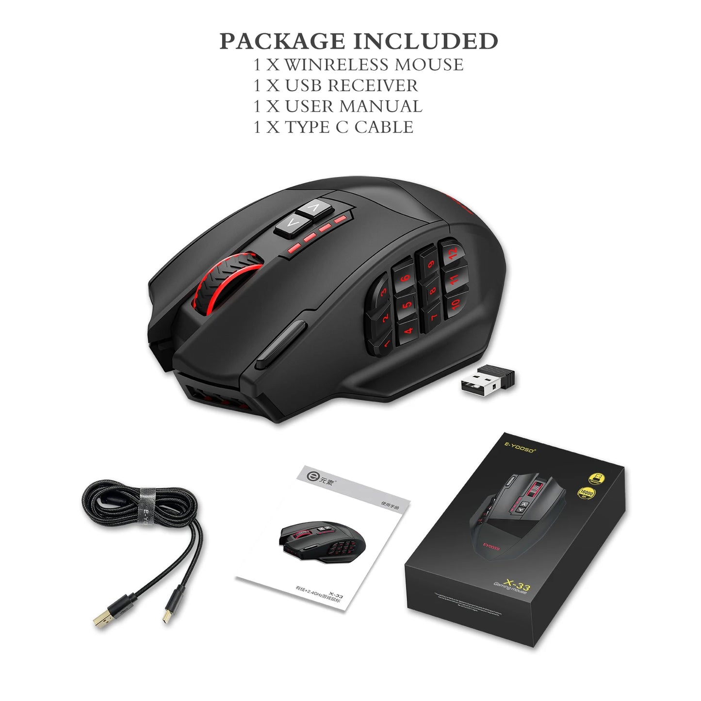 E-YOOSO RGB USB 2.4G Wired Gaming Mouse X-33 16000DPI 18 Buttons Programmable Backlight Game Mice Suitable for Desktop Laptop PC