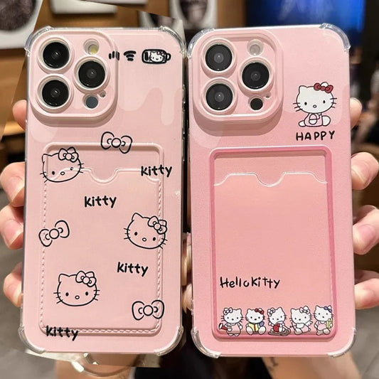 Cute Hello Kitty Card Holder Wallet Phone Case for Iphone 16 15 14 12 11 Pro Max 16 Plus 12 13 Mini X XS XR Shockproof Cover