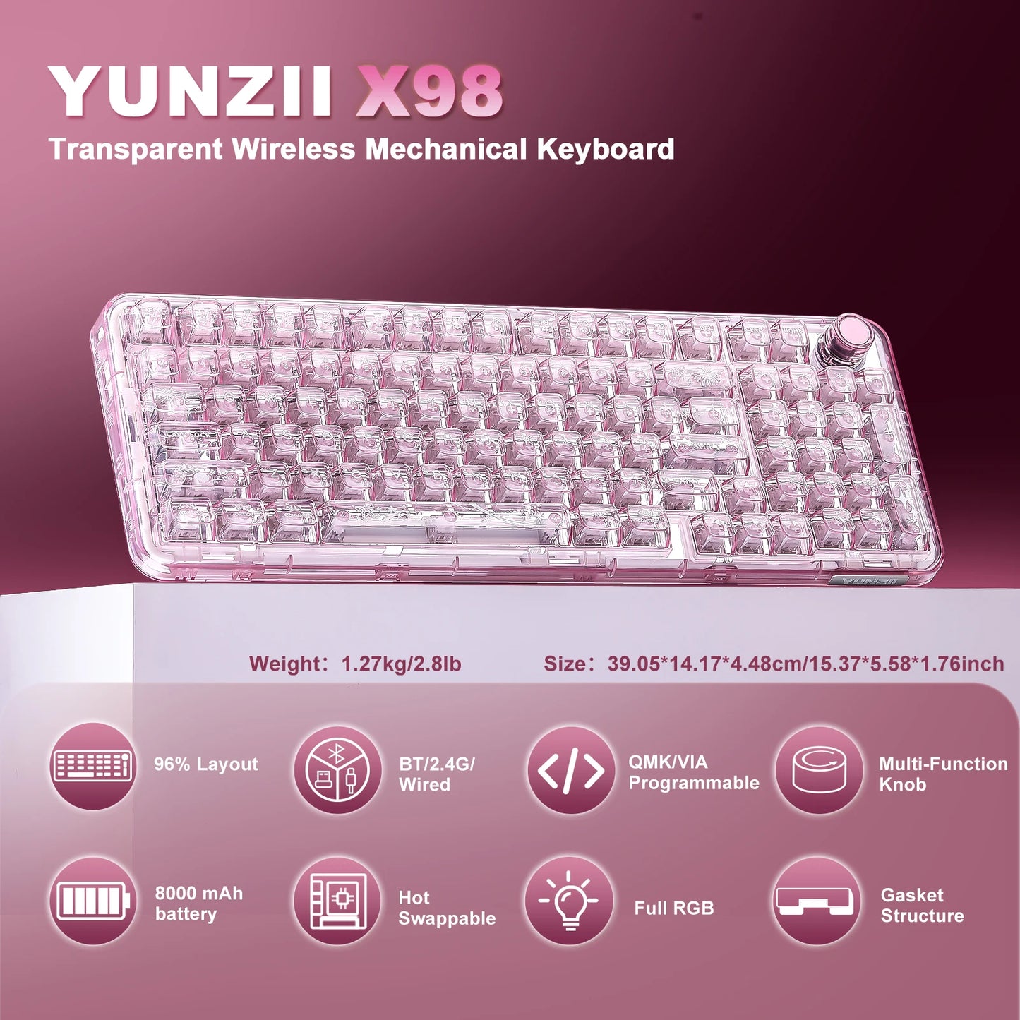 YUNZII X98 Pink QMK/VIA Wireless Transparent RGB Keyboard, Hot-Swap Gasket Mechanical Gaming Keyboard, Pre-lubed Knob Keyboard