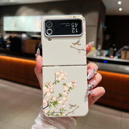 For Samsung Galaxy Z Flip 7 5 4 3 6 5G Small Flowers Folding Phone Case Leather Texture TPU Soft Cover For Samsung Z Flip3 Flip4