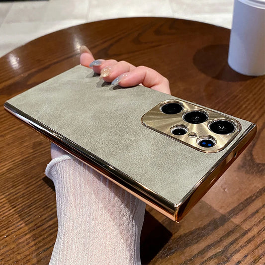Luxury Plating Matte Suede Leather Case For Samsung Galaxy S25 S24 Ultra S23 S22 Plus Camera Protection Shockproof Bumper Cover