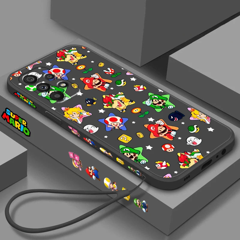 S-Super M-Marios B-Bros Cute Liquid Left Rope For Samsung Note 20 10 A54 A31 A14 A03 A22 A34 A04 A24 A25 Ultra Plus 5G Cover
