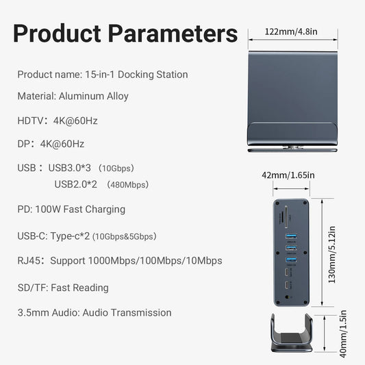 15 in 1 USB-C Docking Station 4K HD Vertical Hub with Triple Monitor ,RJ45 1000M,USB 3.0/2.0,PD 3.0,SD/TF,Audio 3.5 for Mac Pro